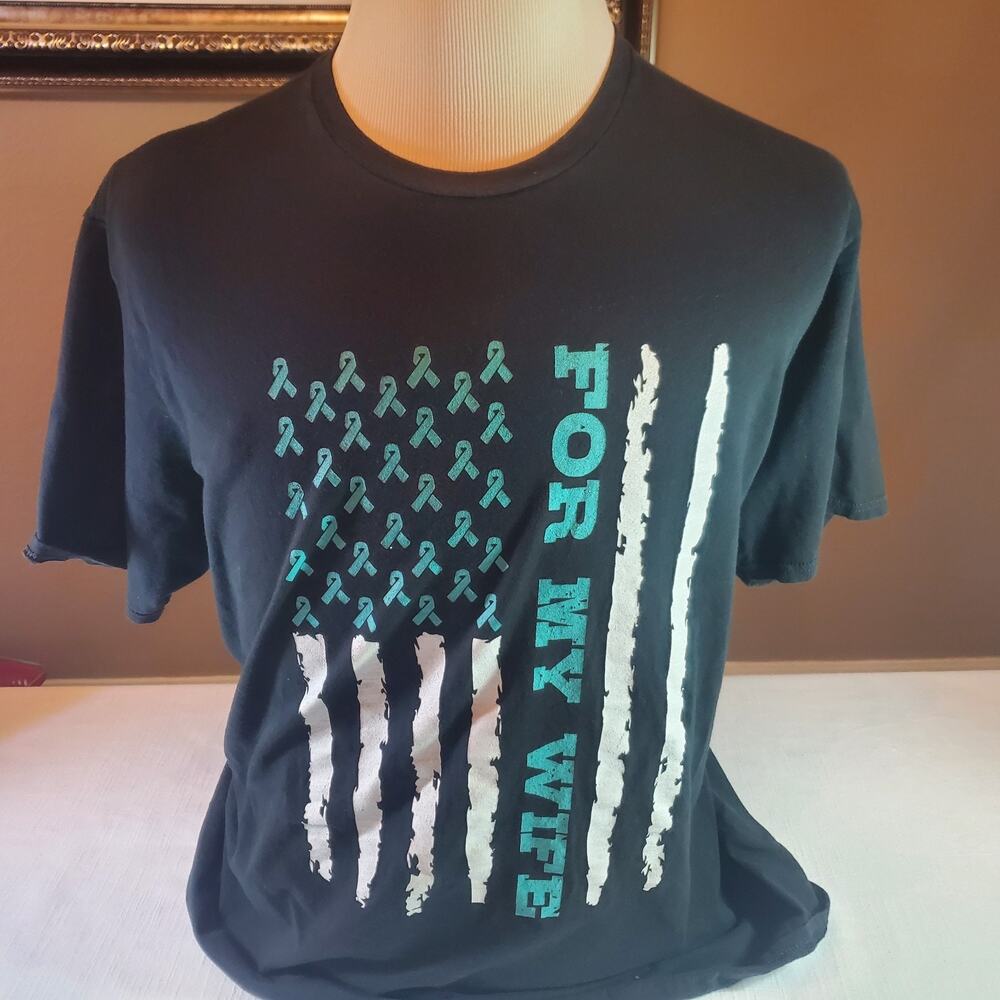 American Flag Teal Ribbon For My Wife Awareness Graphic T-Shirt Men 2XL Black